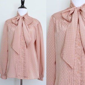 Vintage 70s 80s Dusty Blush Pink Pussy Bow Long Sleeve Button Up Blouse M/L